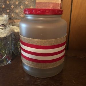 Glass Jar w/ Burlap Trim & Red & White Ribbon